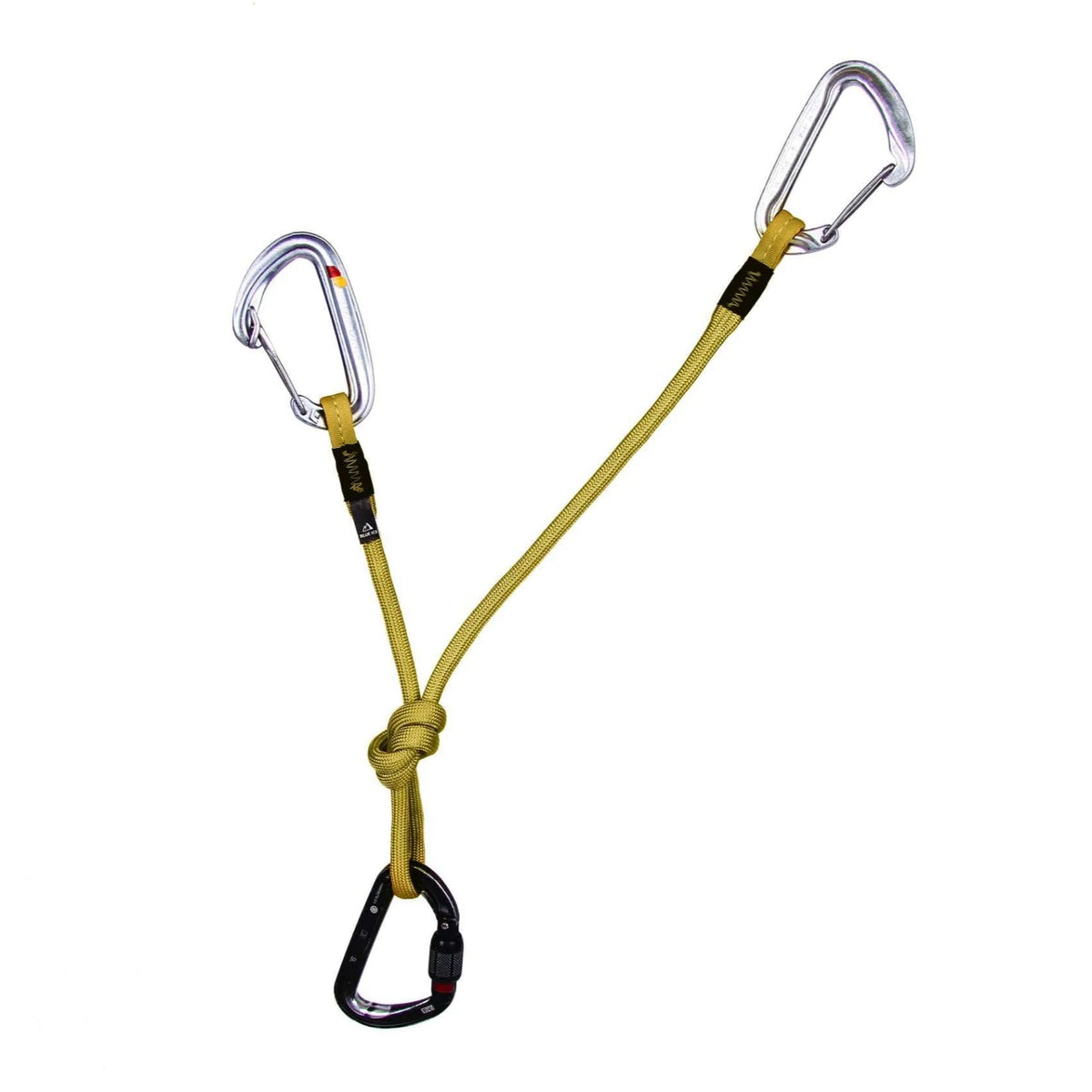 Yellow climbing sling runner with two metal carabiners and tied center loop