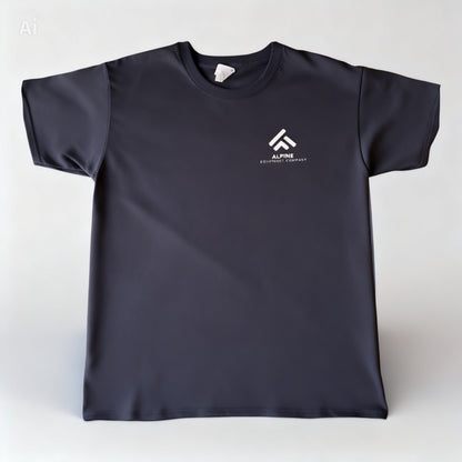 Black t-shirt with a white logo on a white background