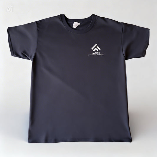 Black t-shirt with a white logo on a white background