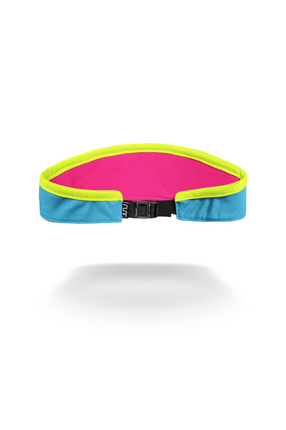 Running visor back with adjustable black buckle, lime trim and blue side panels