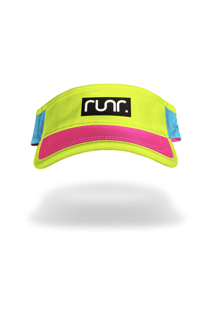 Running visor in lime green and magenta with runr logo at front