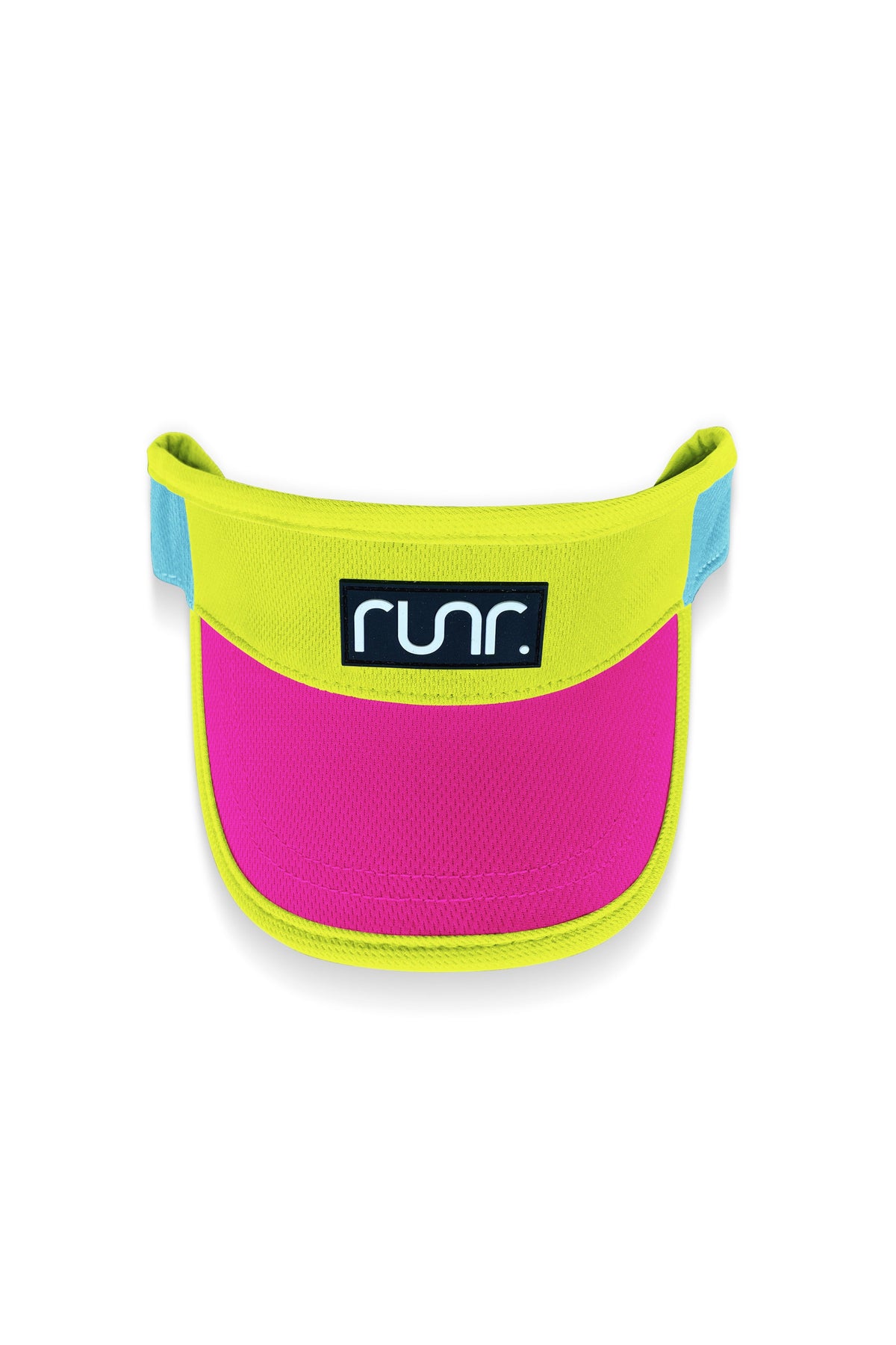 Running visor with runr logo patch, lime green top band and magenta front panel