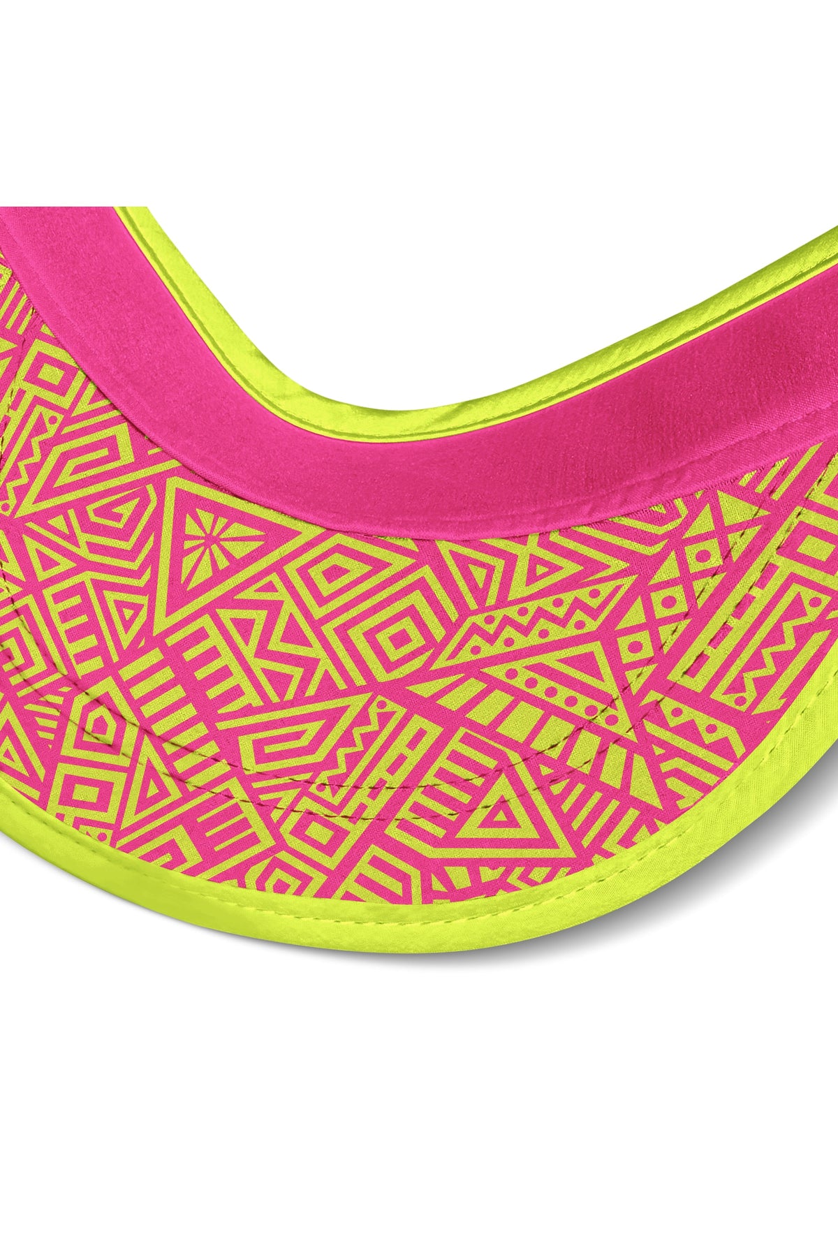 Running visor brim close-up with magenta fabric and neon green geometric pattern