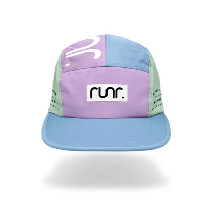 Color-block technical running hat in light blue, purple, and mint with RUNR logo patch