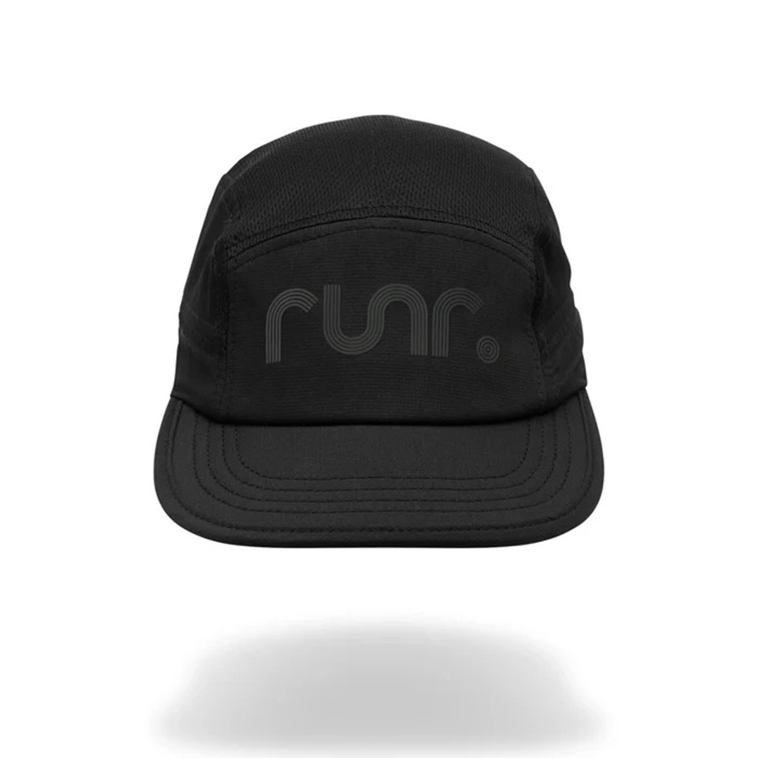 Black technical running cap with curved brim and r un. logo front panel