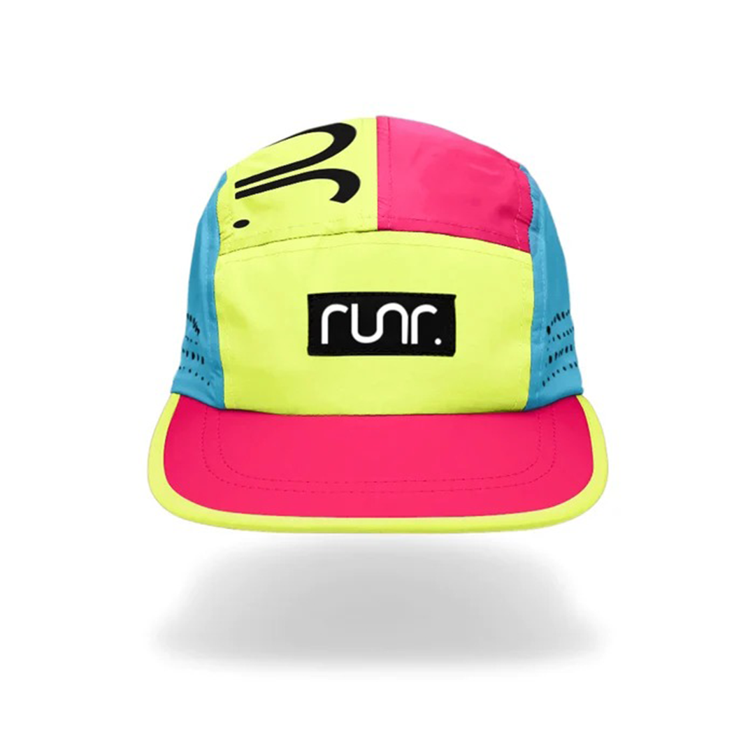 Technical running hat in neon yellow, pink and blue with front logo patch
