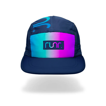 Navy technical running cap with cyan-to-pink gradient band and front Runr logo
