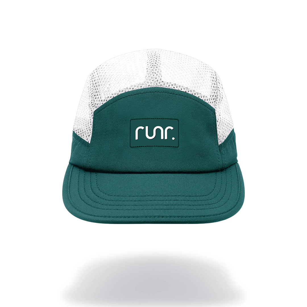 Teal and white technical running hat with mesh crown and front logo patch