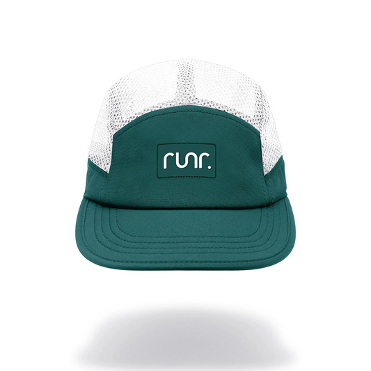Teal and white technical running hat with mesh crown and front logo patch