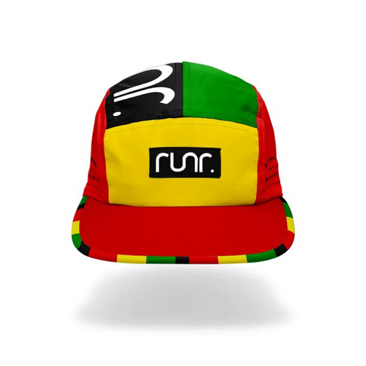 Color-block technical running cap in green, yellow, and red with front RUN patch