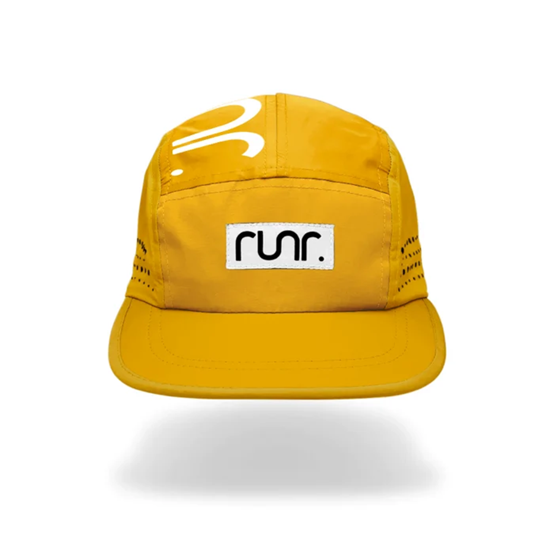 Yellow technical running cap with front logo patch and curved brim