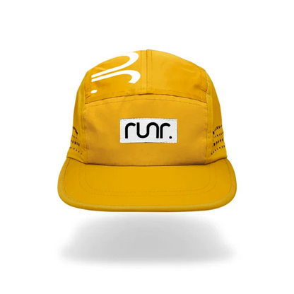 Yellow technical running cap with front logo patch and curved brim