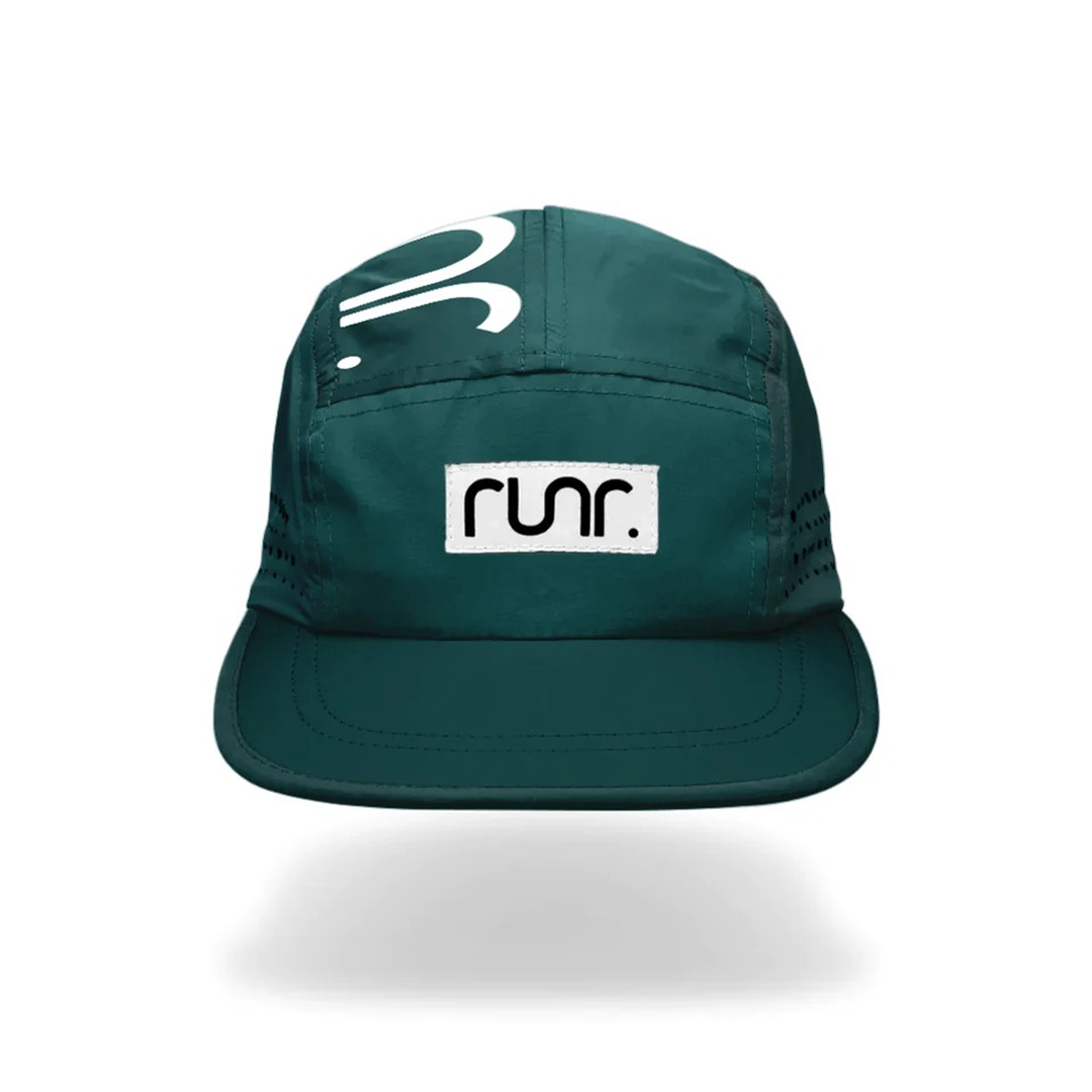 Dark green technical running cap with white logo patch and curved brim