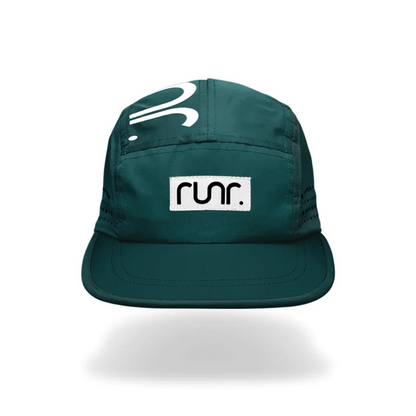Dark green technical running cap with white logo patch and curved brim