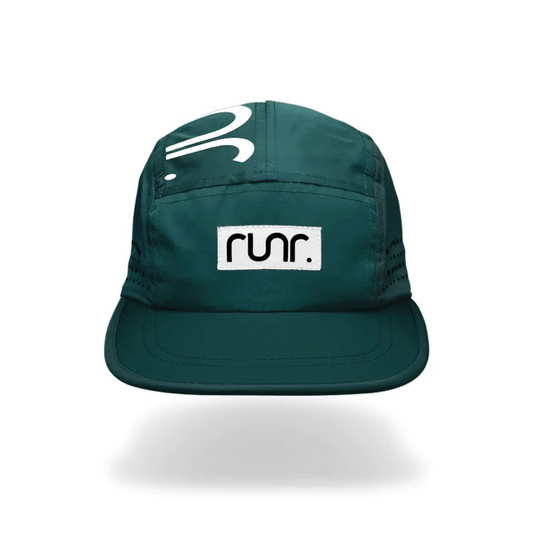 Dark green technical running cap with white logo patch and curved brim