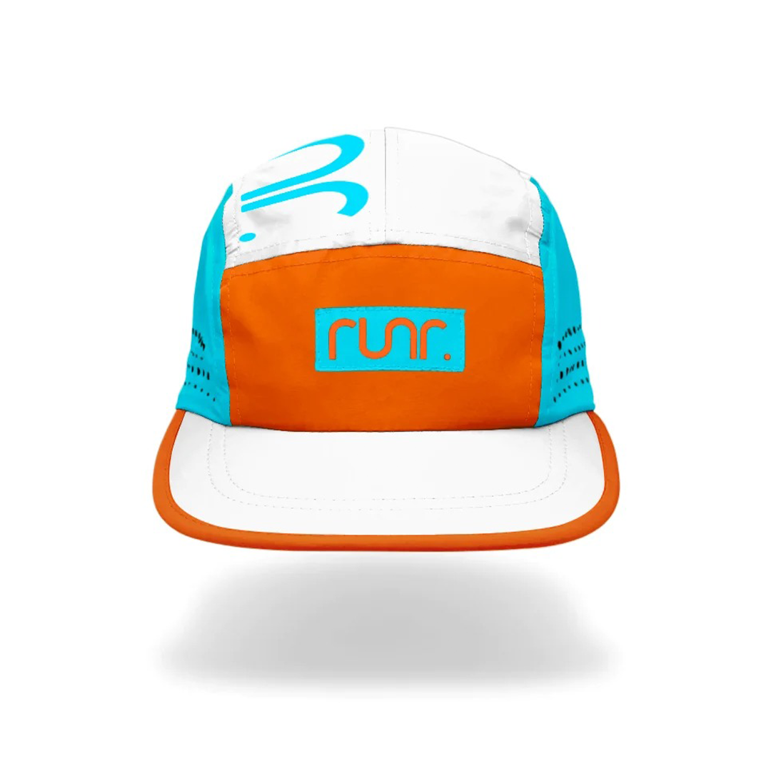 Color-block technical running hat in white, orange, and turquoise with logo patch