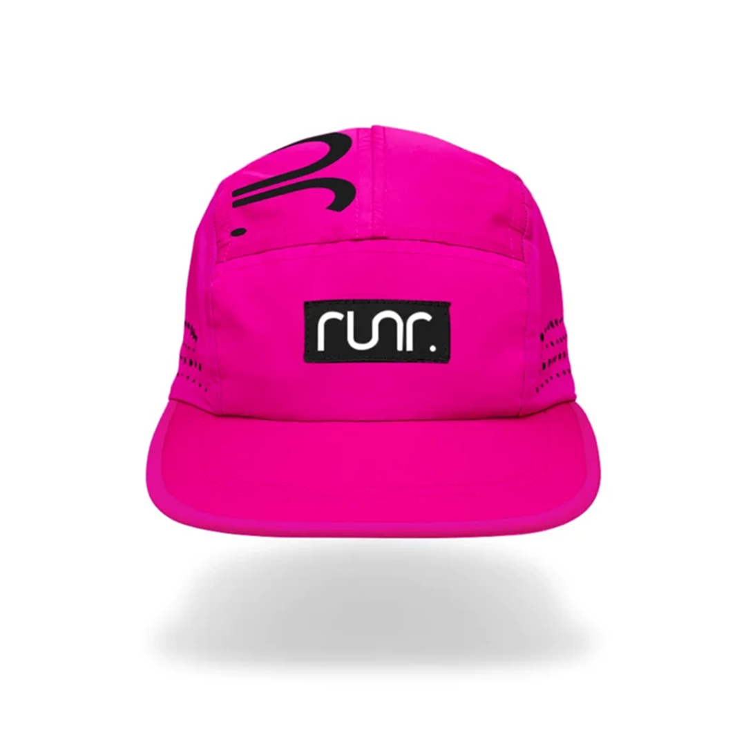 Pink technical running hat with black RUN logo patch and vented panels.