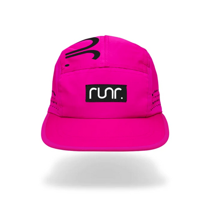 Pink technical running hat with black RUN logo patch and vented panels.