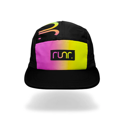 Technical running hat with black crown and neon pink/yellow front panel logo