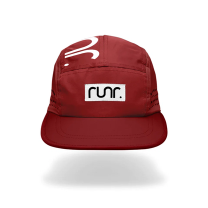Red technical running hat with front RUNR label and white logo