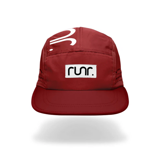 Red technical running hat with front RUNR label and white logo
