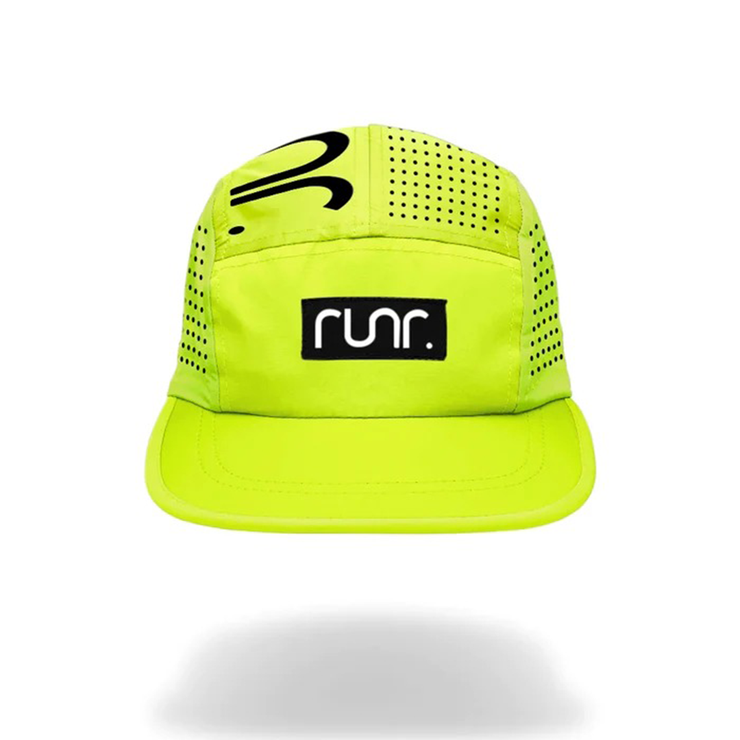 Neon yellow technical running cap with perforated side panels and black logo patch
