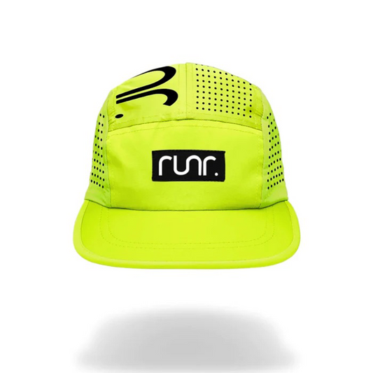 Neon yellow technical running cap with perforated side panels and black logo patch