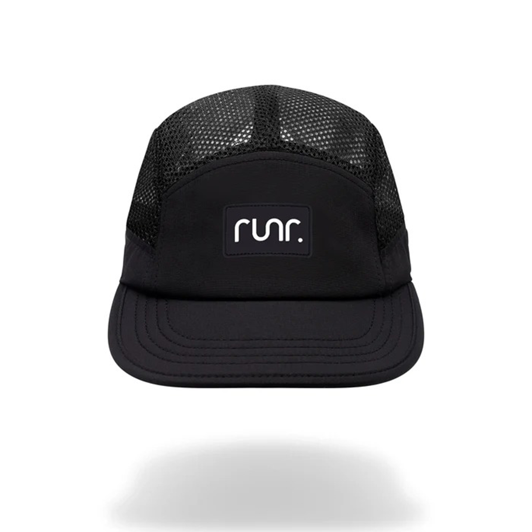 Black technical running hat with mesh panels and front logo patch