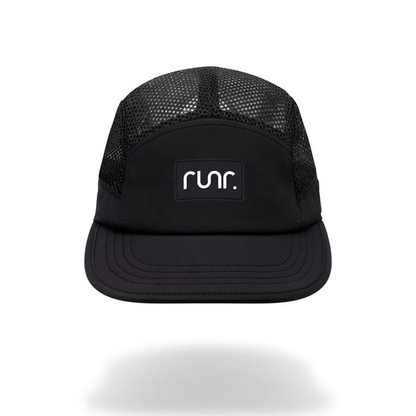 Black technical running hat with mesh panels and front logo patch