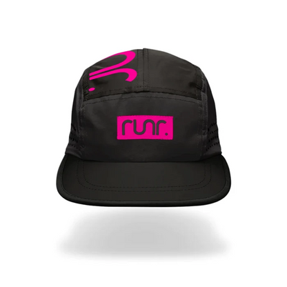 Black technical running cap with pink logo on front panel and curved brim.