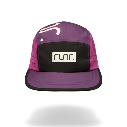 Purple and black technical running hat with white logo and front brand patch