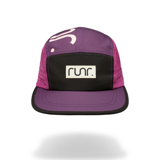 Purple and black technical running hat with white logo and front brand patch