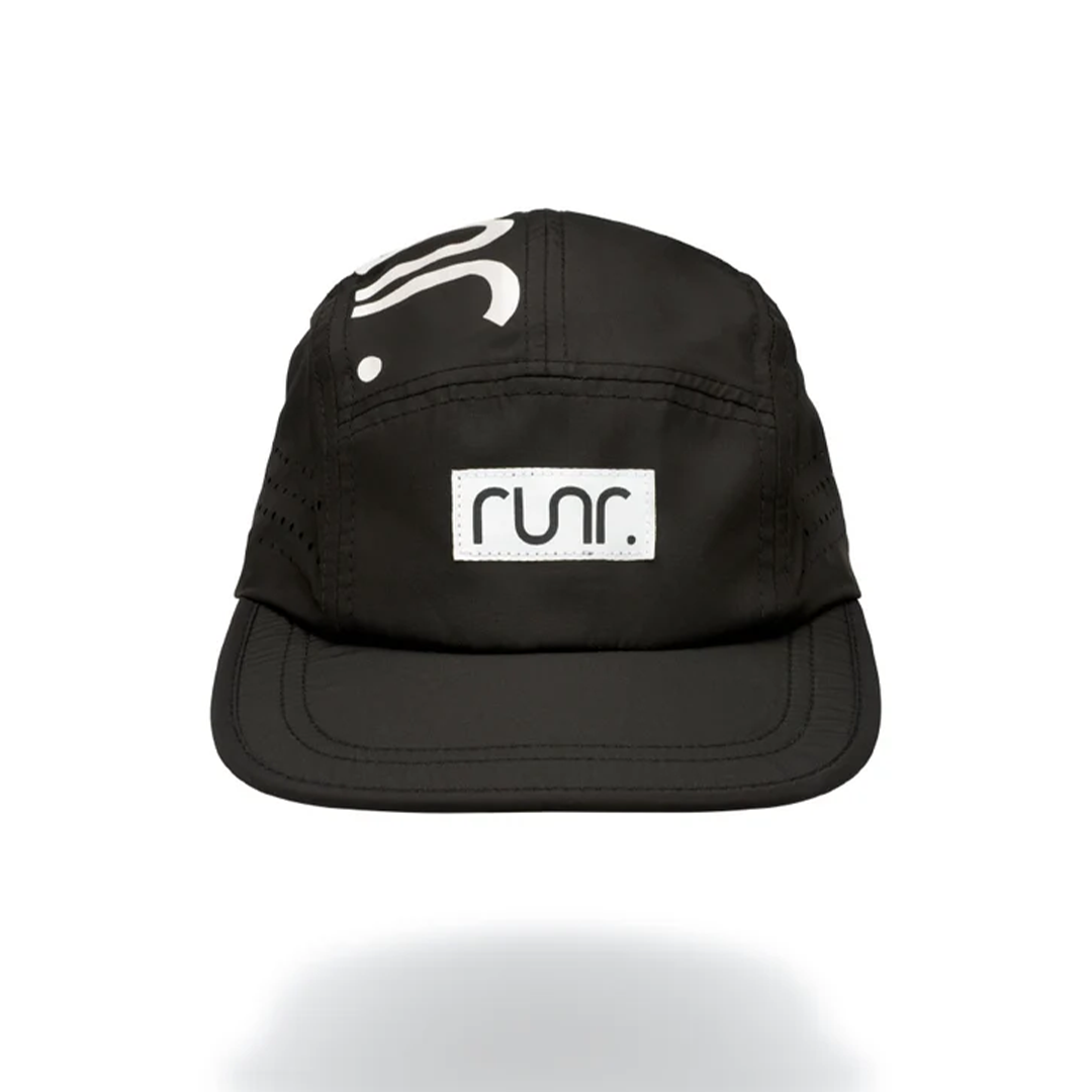 Black technical running hat with RUNR logo patch and curved brim.