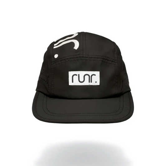 Black technical running hat with RUNR logo patch and curved brim.