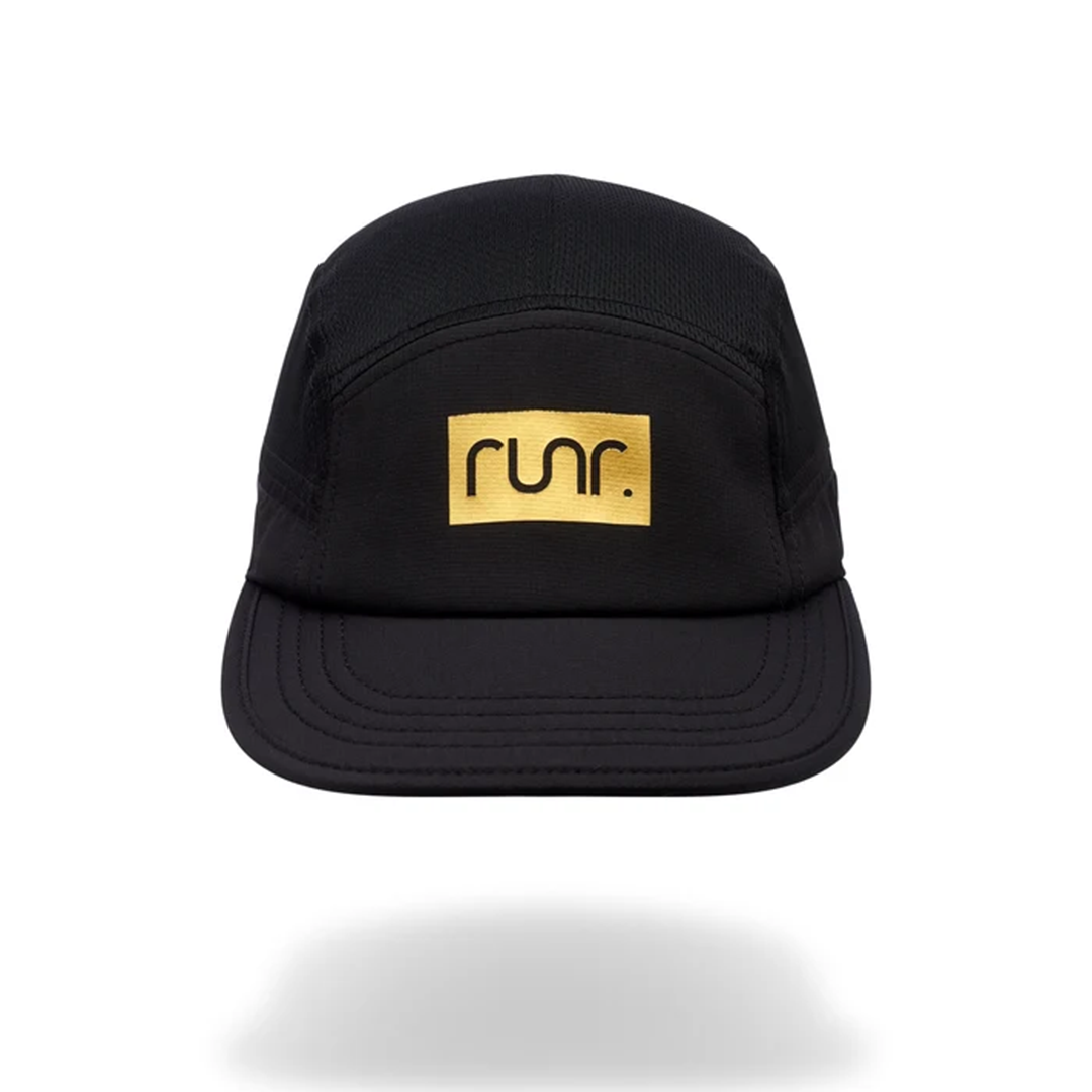 Black technical running hat with gold "run." logo patch