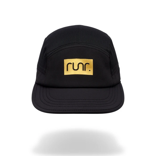 Black technical running hat with gold "run." logo patch