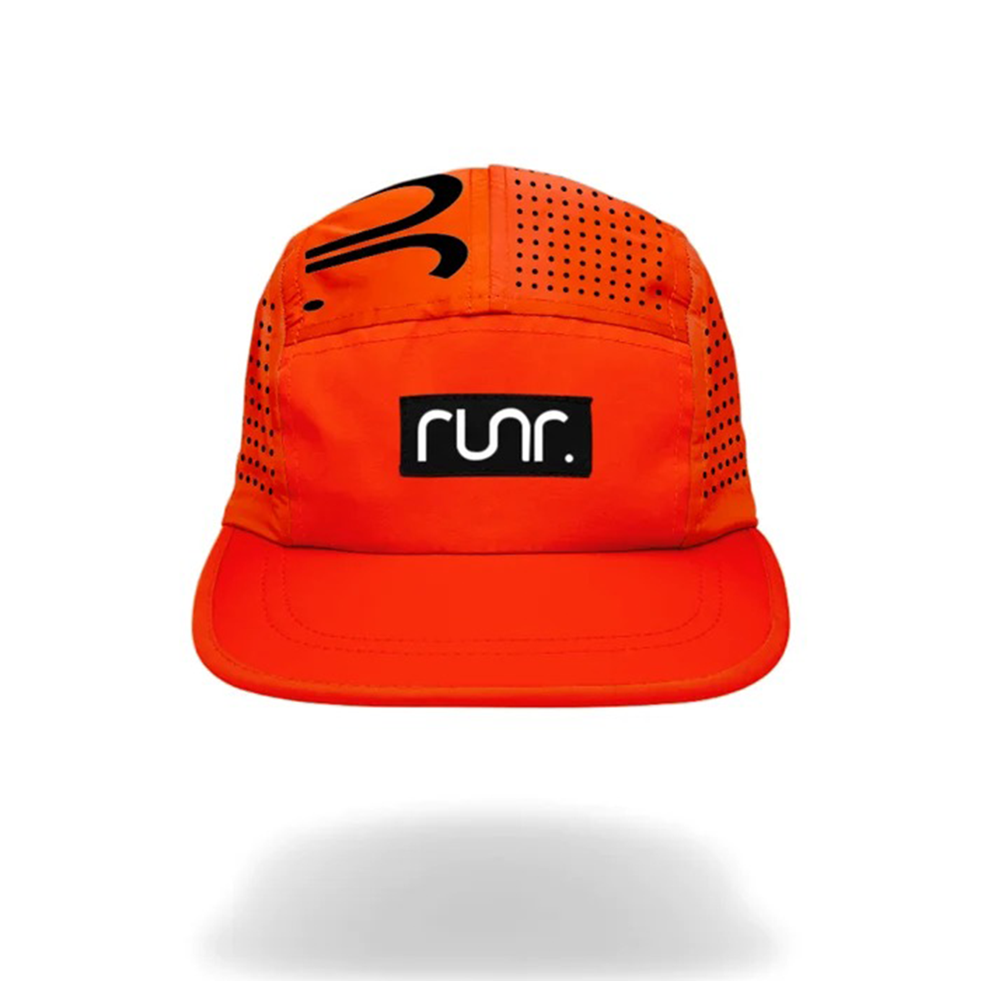 Orange running cap with black logo patch, curved brim, perforated side panels