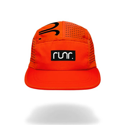 Orange running cap with black logo patch, curved brim, perforated side panels