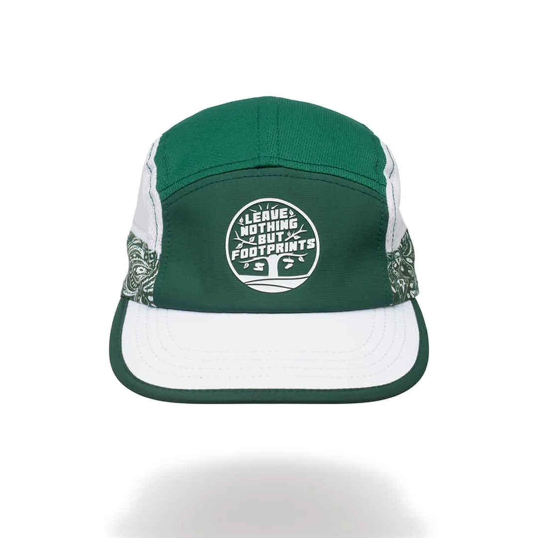 Green technical running hat with white brim, leave-nothing foot-print patch logo.