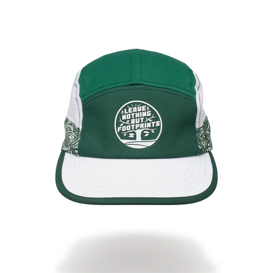 Green technical running hat with white brim, leave-nothing foot-print patch logo.