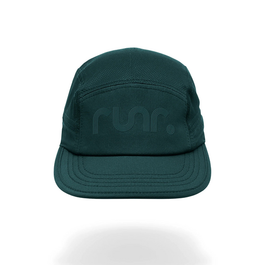Dark teal technical running hat with embossed front "run." lettering and brim