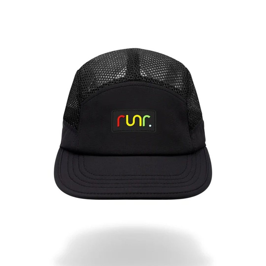 Black technical running hat with mesh side panels, curved brim, front Runr logo patch.