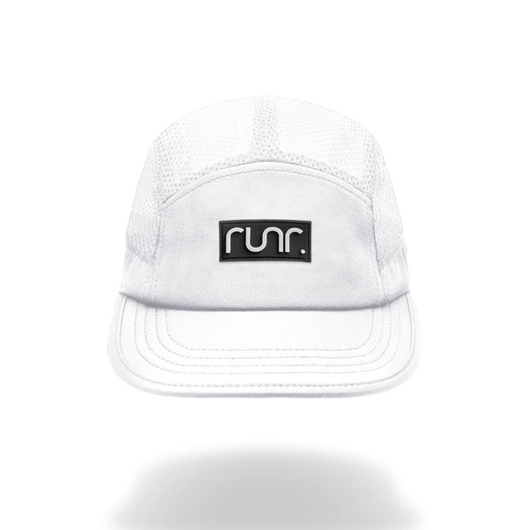 White technical running hat with mesh crown and black Runr logo patch