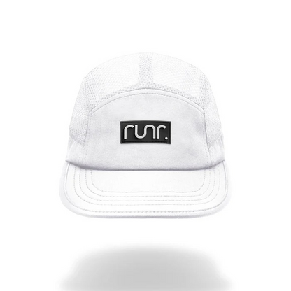 White technical running hat with mesh crown and black Runr logo patch