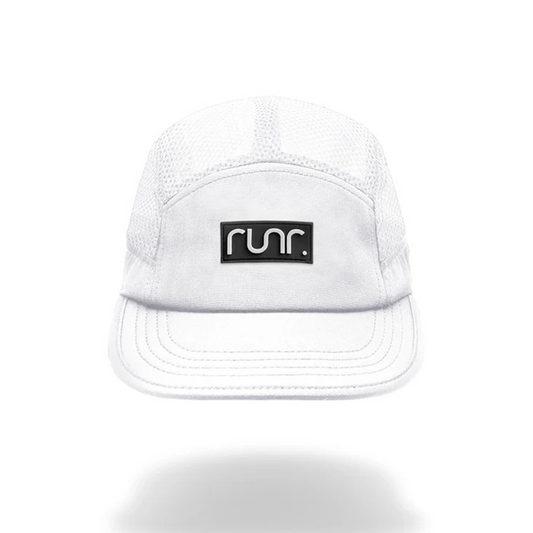 White technical running hat with mesh crown and black Runr logo patch