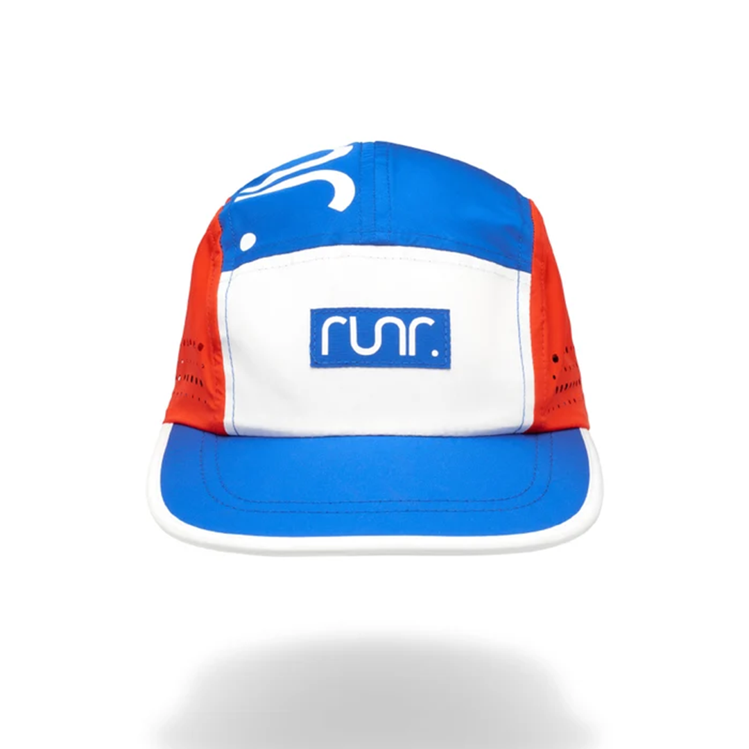 Technical running cap with blue, red, and white panels and front logo patch