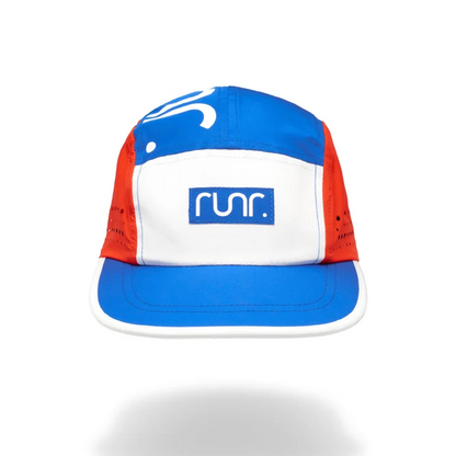 Technical running cap with blue, red, and white panels and front logo patch