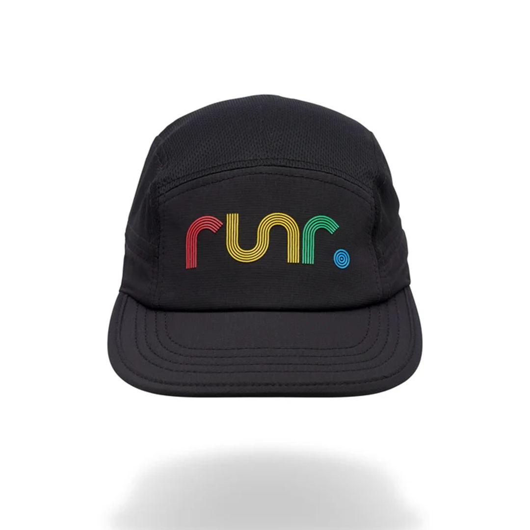 Black technical running cap with multicolor "run" logo on front panel