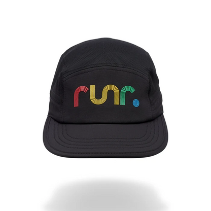 Black technical running cap with multicolor "run" logo on front panel