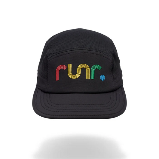 Black technical running cap with multicolor "run" logo on front panel